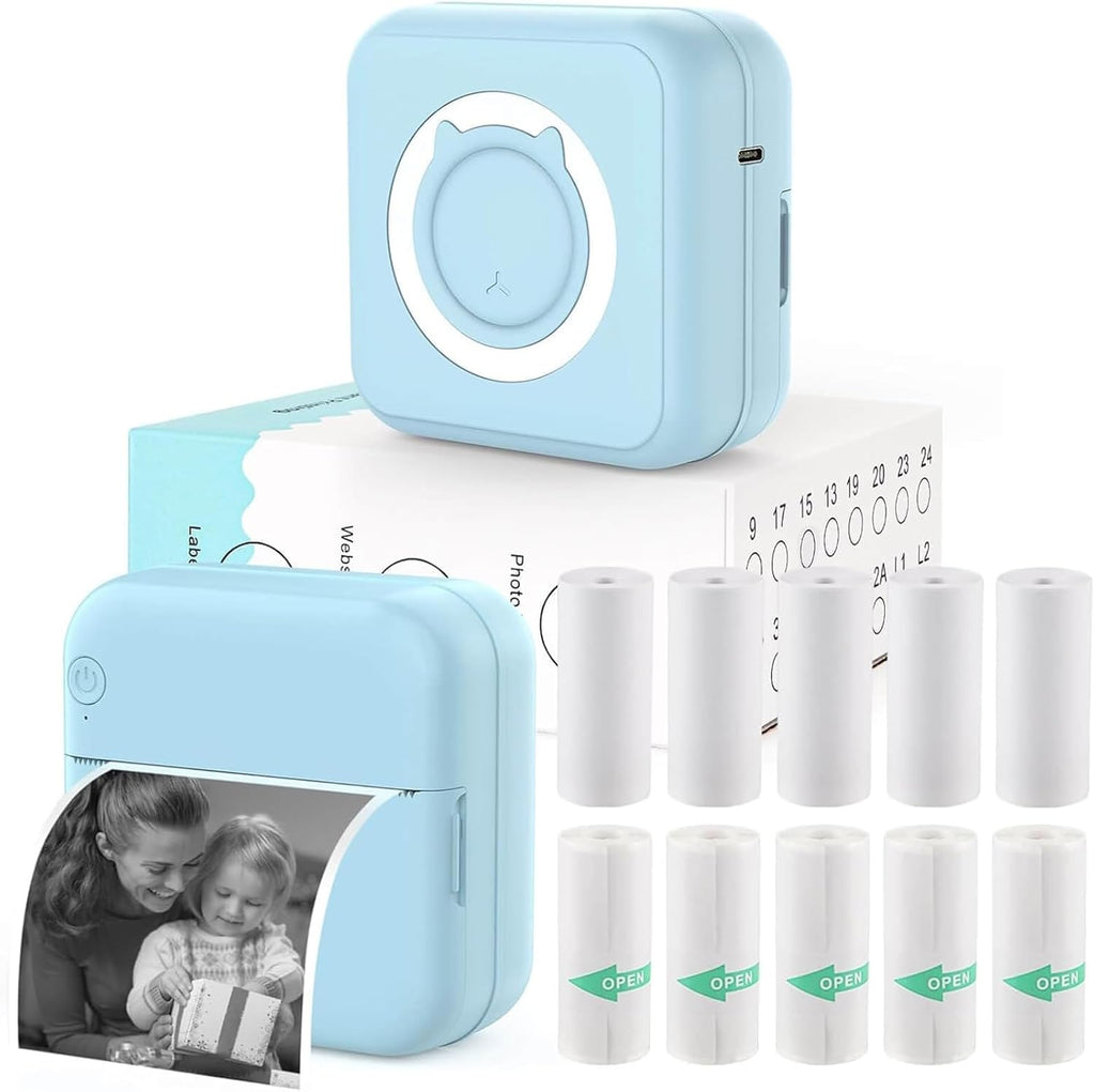 Mini Blue-Tooth Printer, Wireless Sticker Printer with 10 Rolls Paper for Iphone/Android