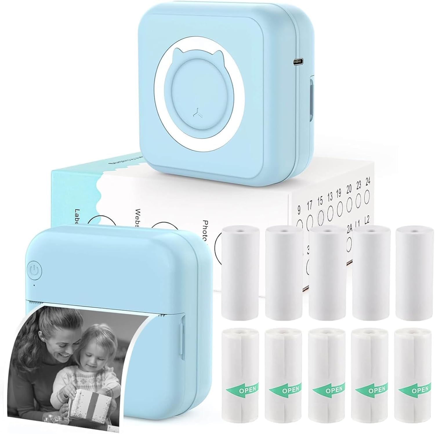 Mini Blue-Tooth Printer, Wireless Sticker Printer with 10 Rolls Paper for Iphone/Android