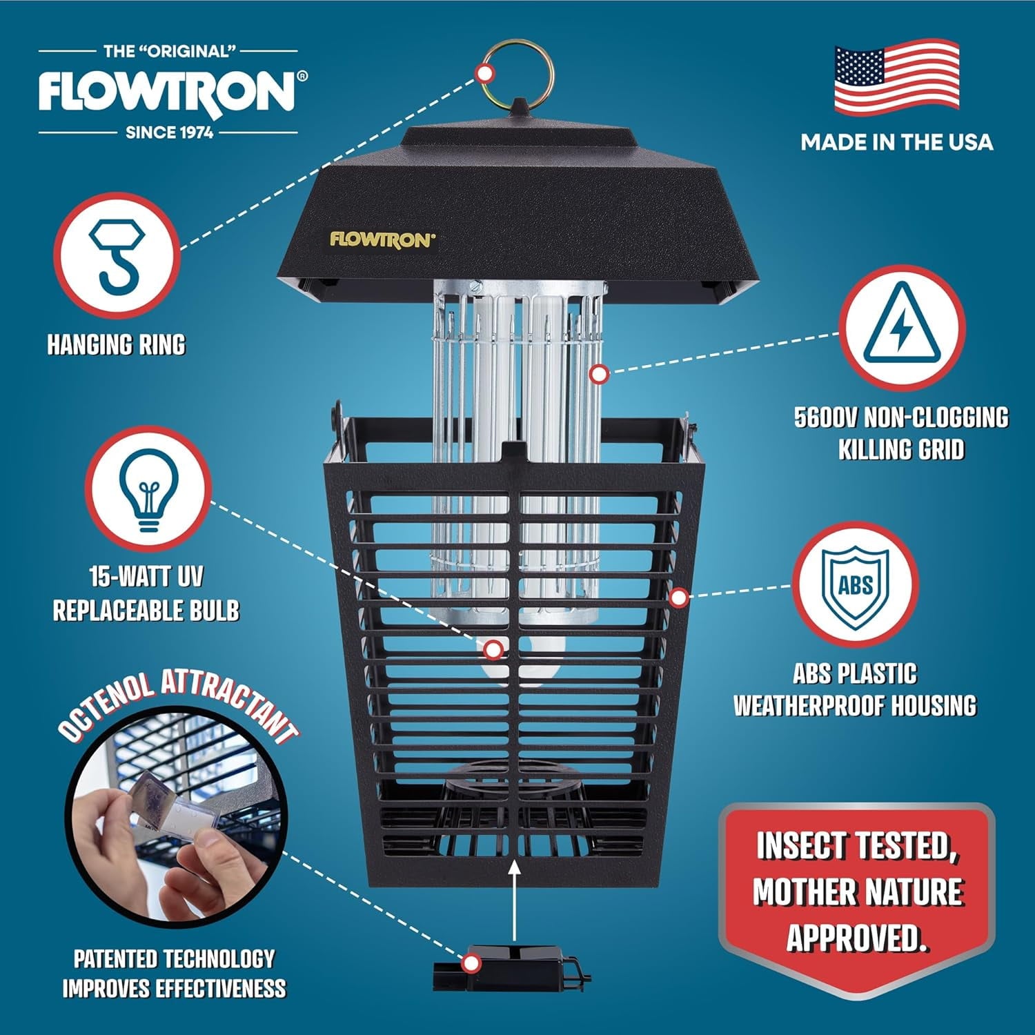 Electric Bug Zapper Outdoor Insect Killer Lantern, 1/2 Acre Coverage, 15W UV Light, Black