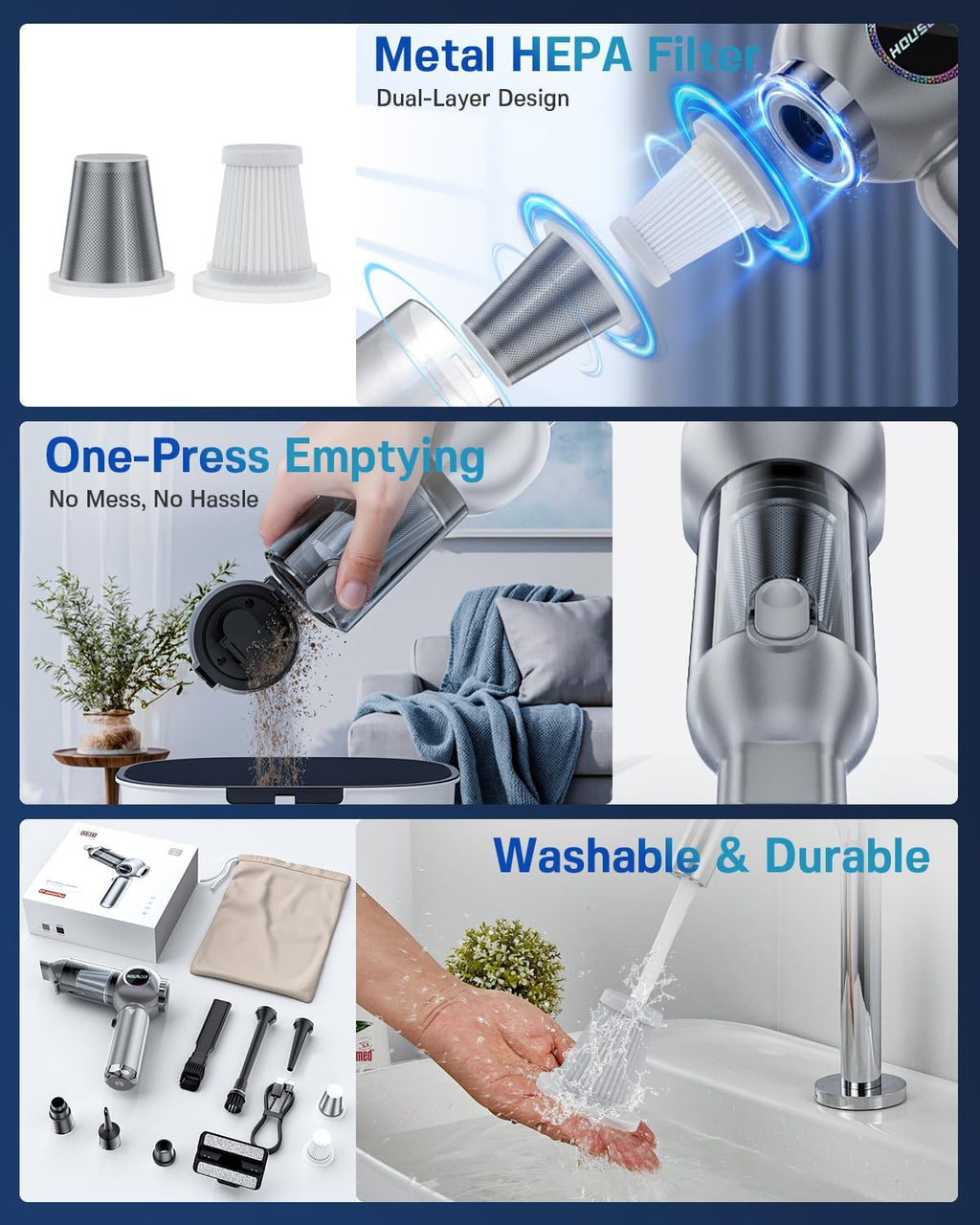 Handheld Car Vacuum Portable Cordless 25000Pa High Power Small Mini Hand Vacuum Rechargeable 4-In-1 Wireless Handheld Vac for Car Office Desktop Home Cleaning Ideal Gifts for Men & Women