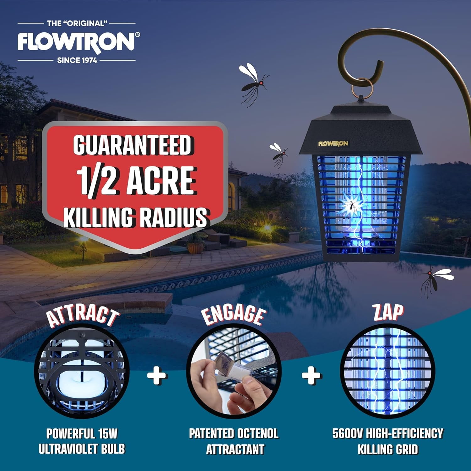 Electric Bug Zapper Outdoor Insect Killer Lantern, 1/2 Acre Coverage, 15W UV Light, Black