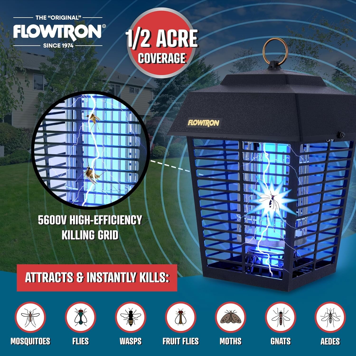 Electric Bug Zapper Outdoor Insect Killer Lantern, 1/2 Acre Coverage, 15W UV Light, Black